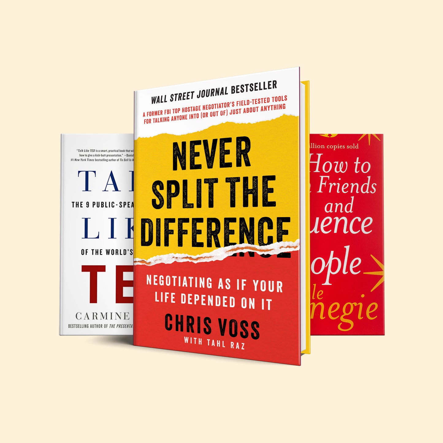 3 Books set to master communication : Never split the difference, How to win friends and influence people , Talk like ted