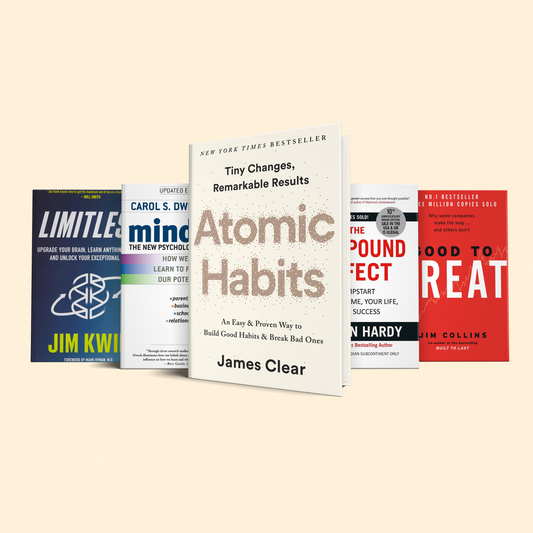 5 Books to build a strong foundation for business success: "Atomic habits, Compound effect, Mindset the new psychology of success, Good to great, Limitless