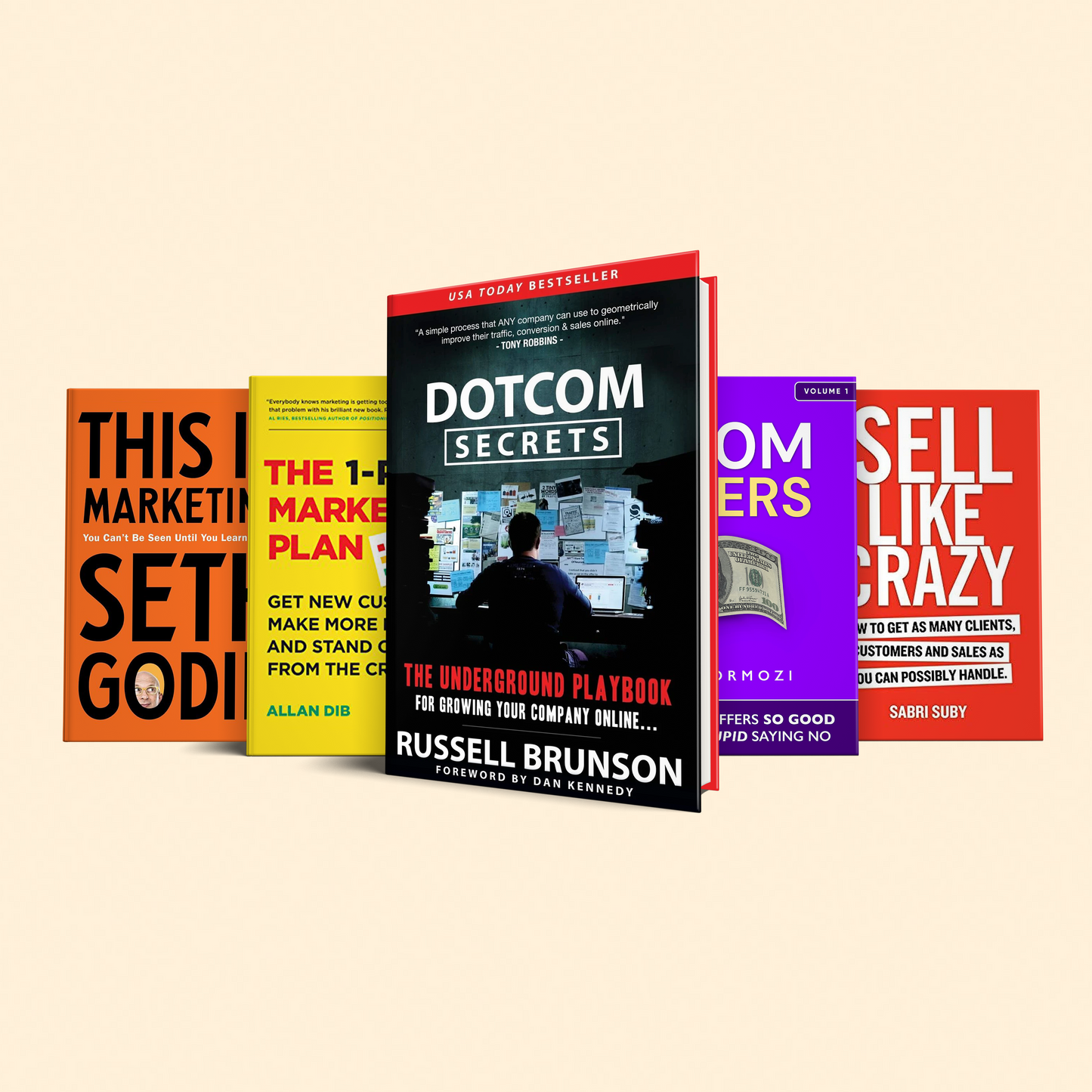 5 Books for E-com Entrepreuneurs Dotcom secrets, 100M$ Offer, Sell like crazy, The 1 page marketing Plan, This is marketing
