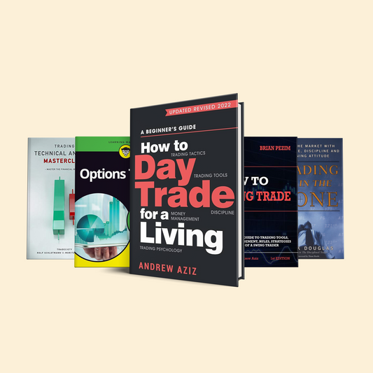 5 Books to start trading like an elite: (How to day trade for a living, Options Trading for dummies, Trading in the zone, Trading technical analysis masterclass, How to swing trade)