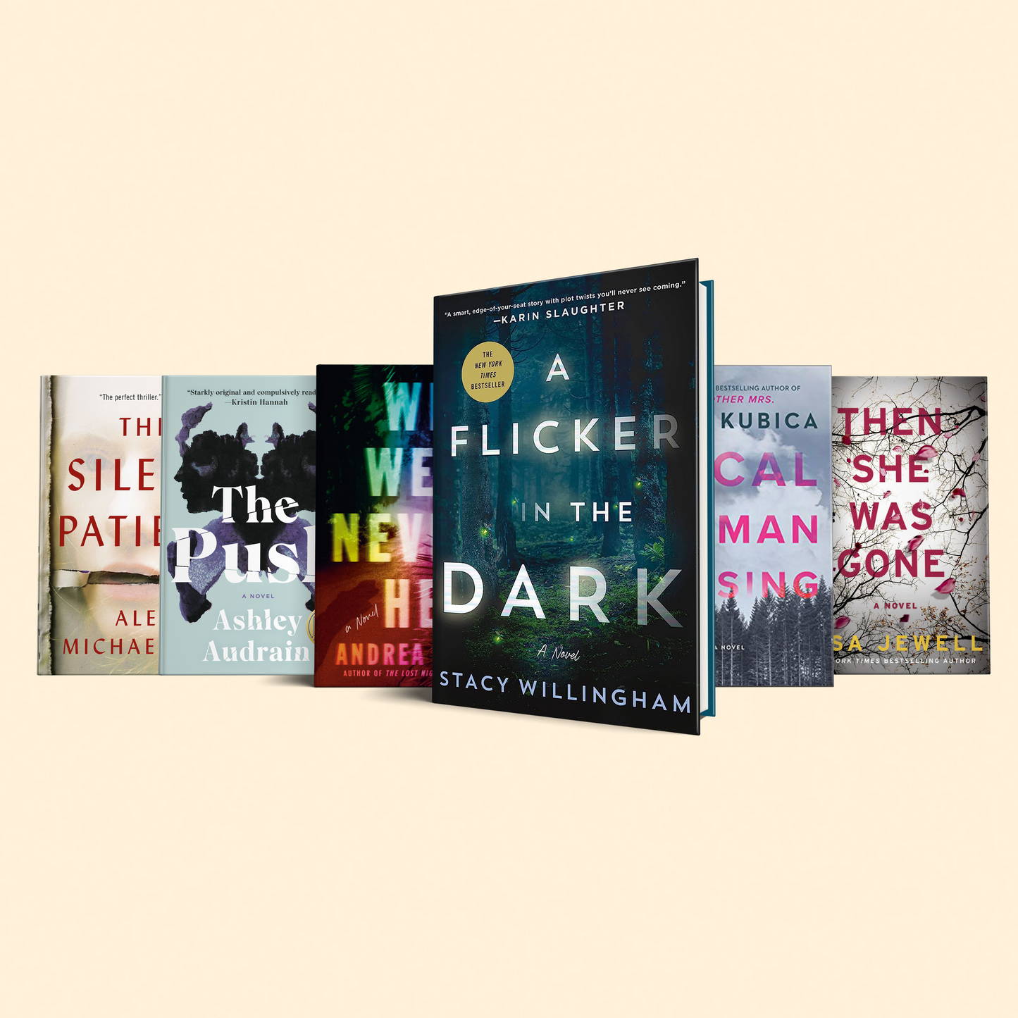 6 Dark and twisty thrillers : (Then she was gone, The silent patient, The push, Local woman missing, We were never here, A flicker in the dark)