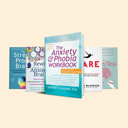 5 Anxiety Management books: The Anxiety and Phobia Workbook, Dare, The Worry Trick, Rewire Your Anxious Brain, The Stress-Proof Brain