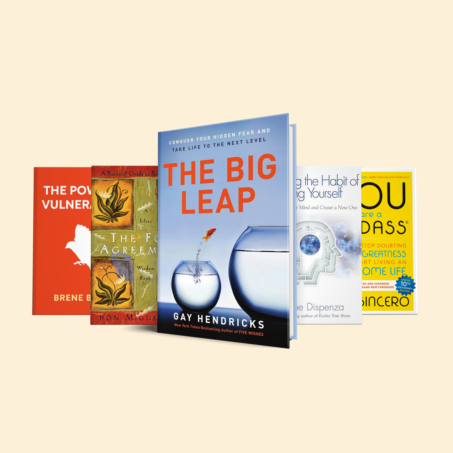 5 Books for Overcoming Limiting Beliefs: The Big Leap, Breaking the Habit of Being Yourself, You Are a Badass, The Four Agreements, The Power of Vulnerability