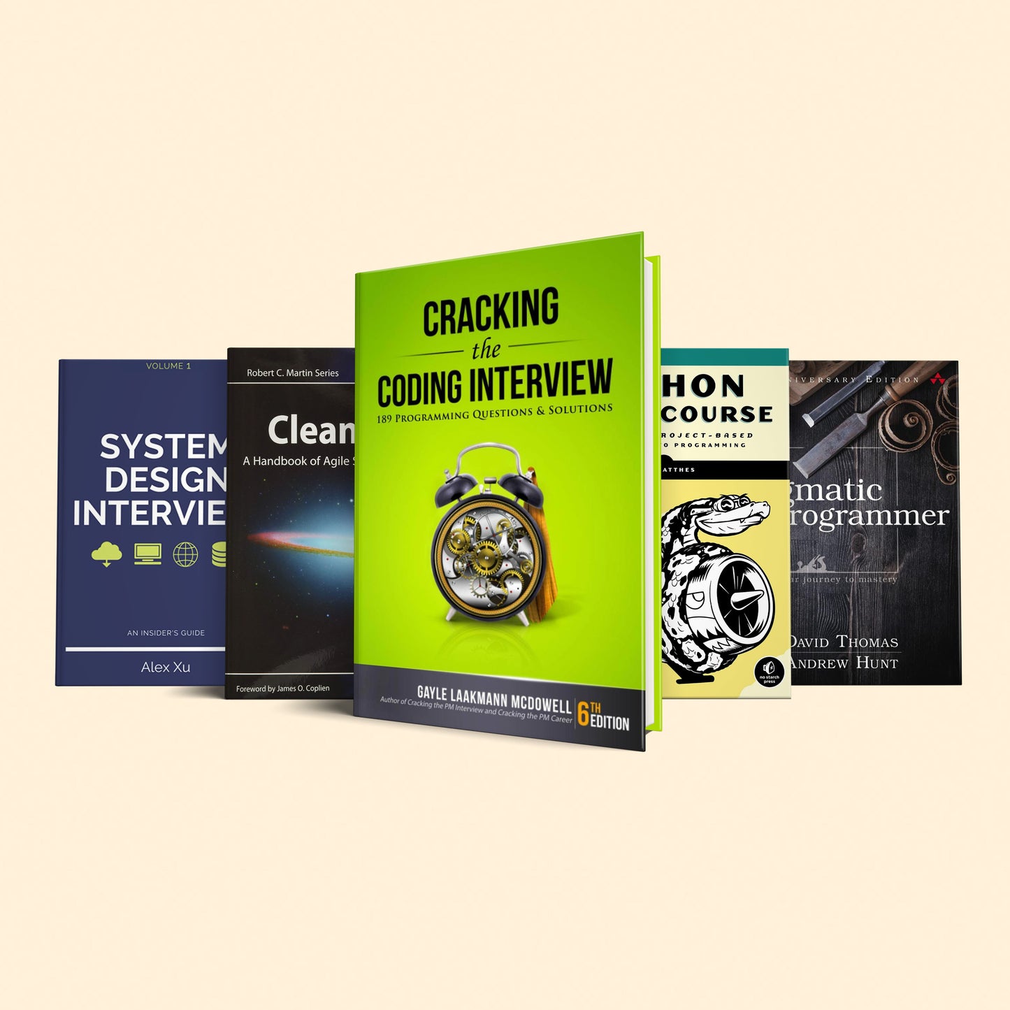 5 books to become a master developer: (Cracking the Coding Interview, Python Crash Course,Clean code,The Pragmatic programmer,System Design Interview)