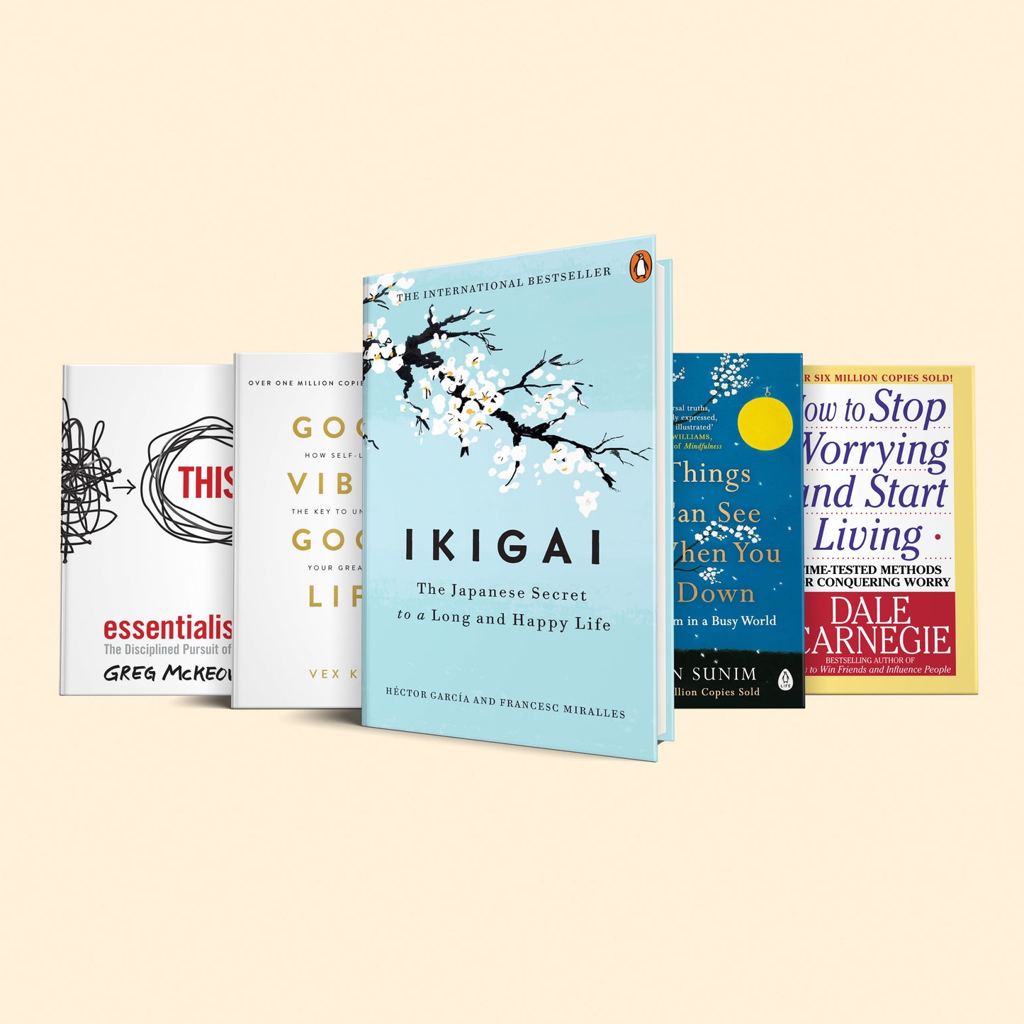 Fixed and growth mindset Book Set : ikigai, The Things You Can See Only When You Slow Down, Good vibes good life, How to stop worrying & start living, The power of your subconcious mind