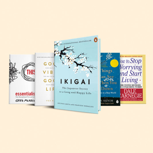 Fixed and growth mindset Book Set : ikigai, The Things You Can See Only When You Slow Down, Good vibes good life, How to stop worrying & start living, The power of your subconcious mind