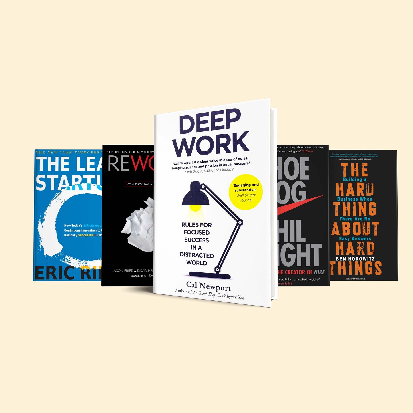 Growth in life & business set of books : Deep work, Shoe dog, Rework, The hard thing about hard things, The lean startup