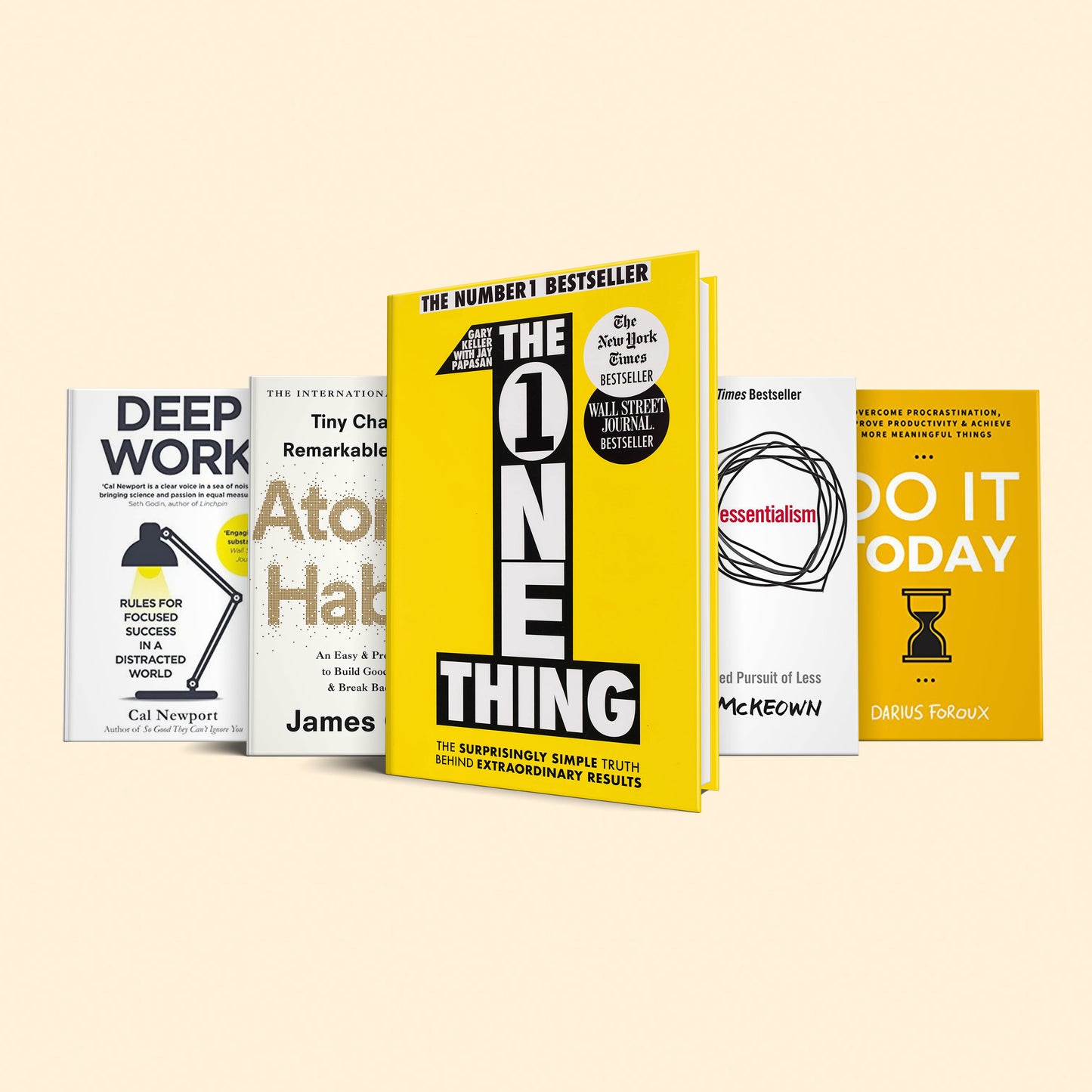 5 Books to Boost Productivity and Reach Success: The one thing, This essentialism, Atomic habits, Do it today, Deep work