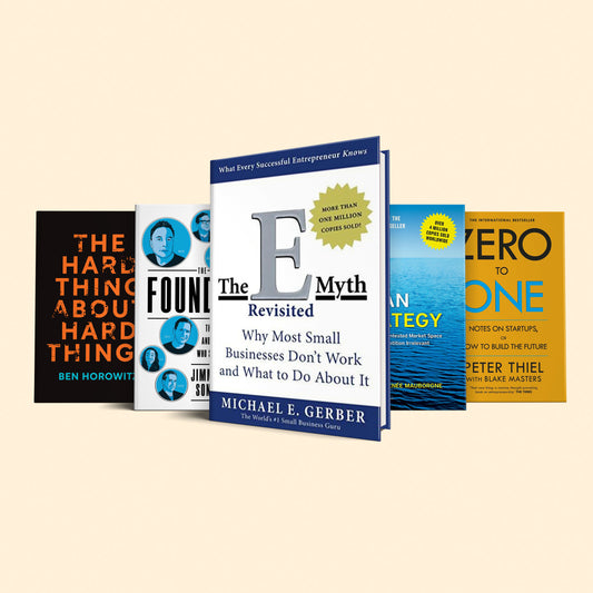 5 books for elite entrepreuneur( The E-Myth Revisited, blue ocean strategy, the founders, Zero to one, Hard things about hard things)