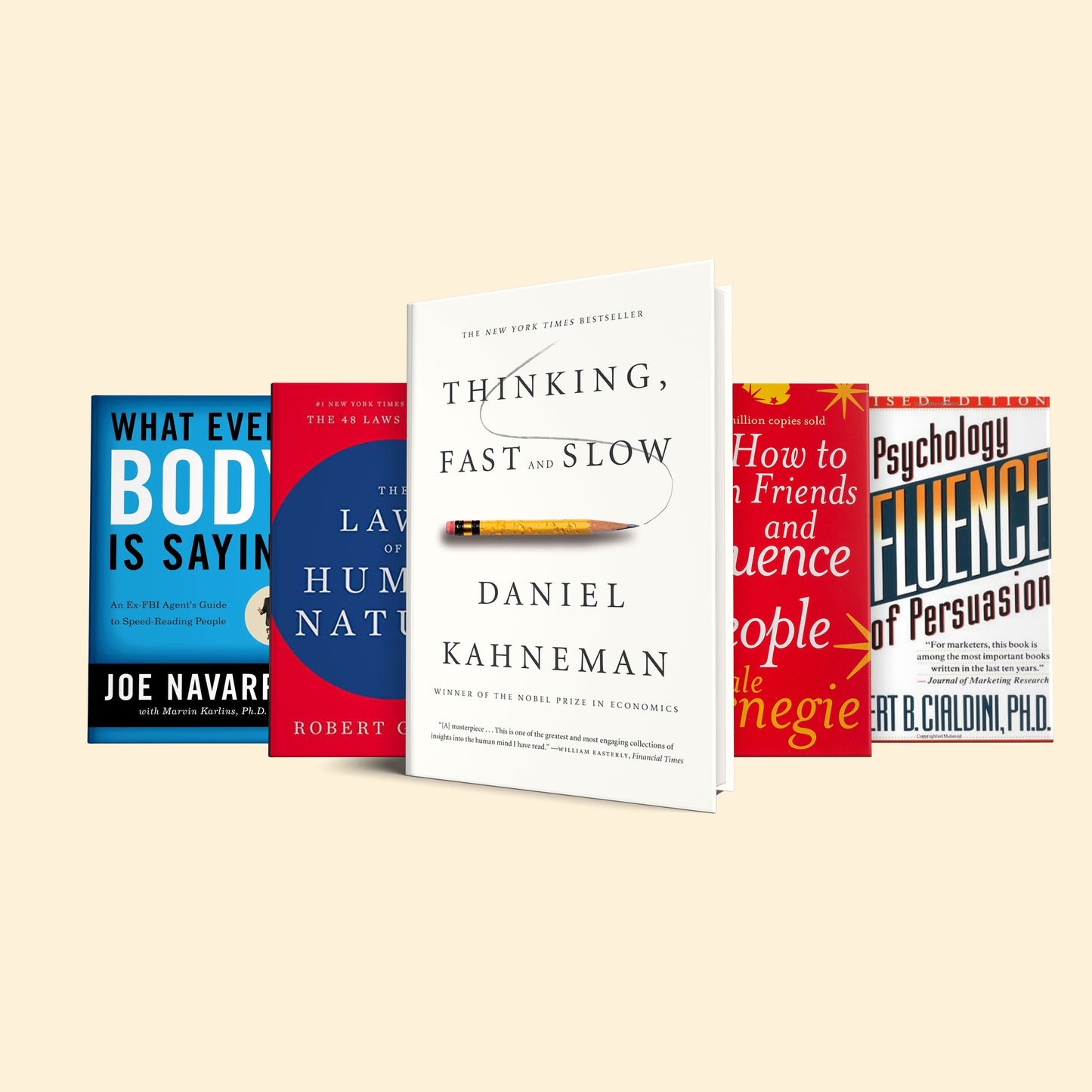 5 books set to master the art of influence : Thinking fast and slow, How to win friends, Laws of human nature, Influence psychology, What everybody is