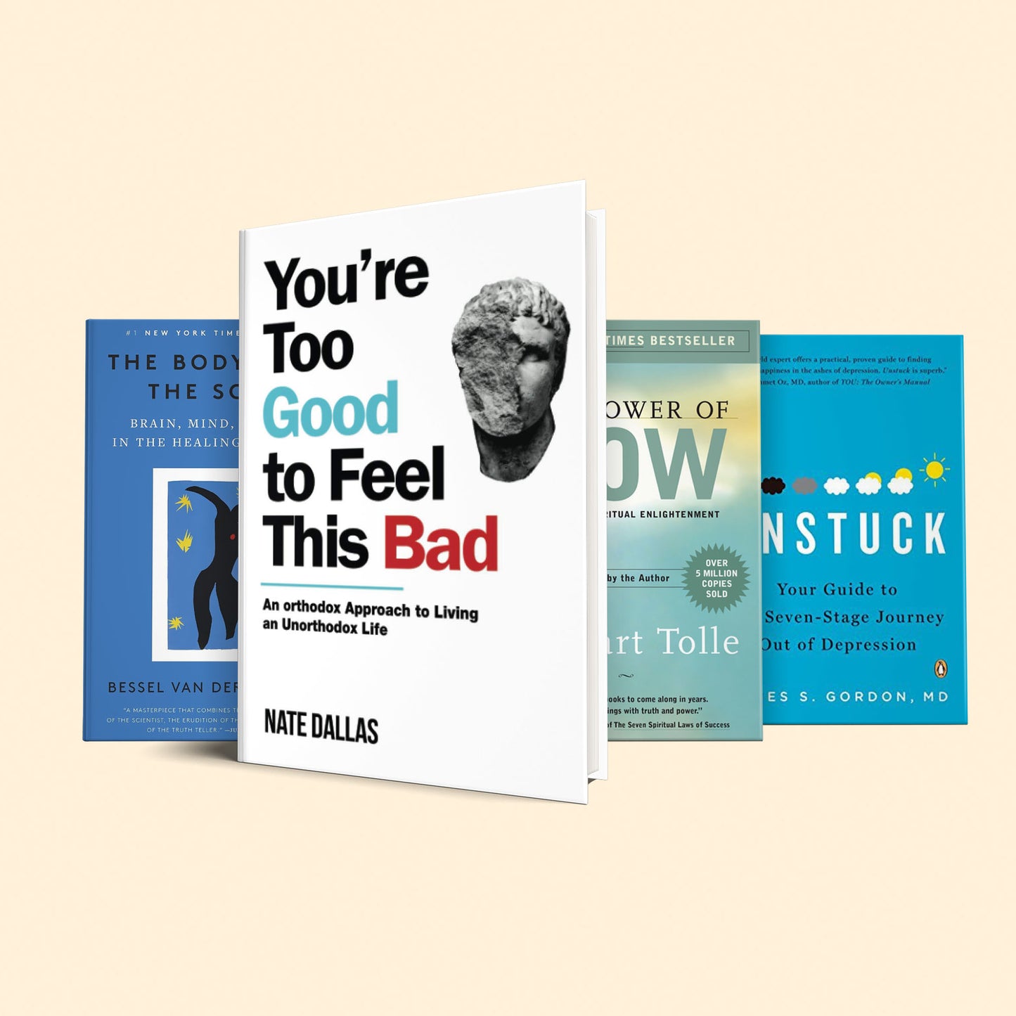5 Books to overcome depression: (You're to good to feel this bad, The power of now, Untamed, The body keeps the score, Unstuck)