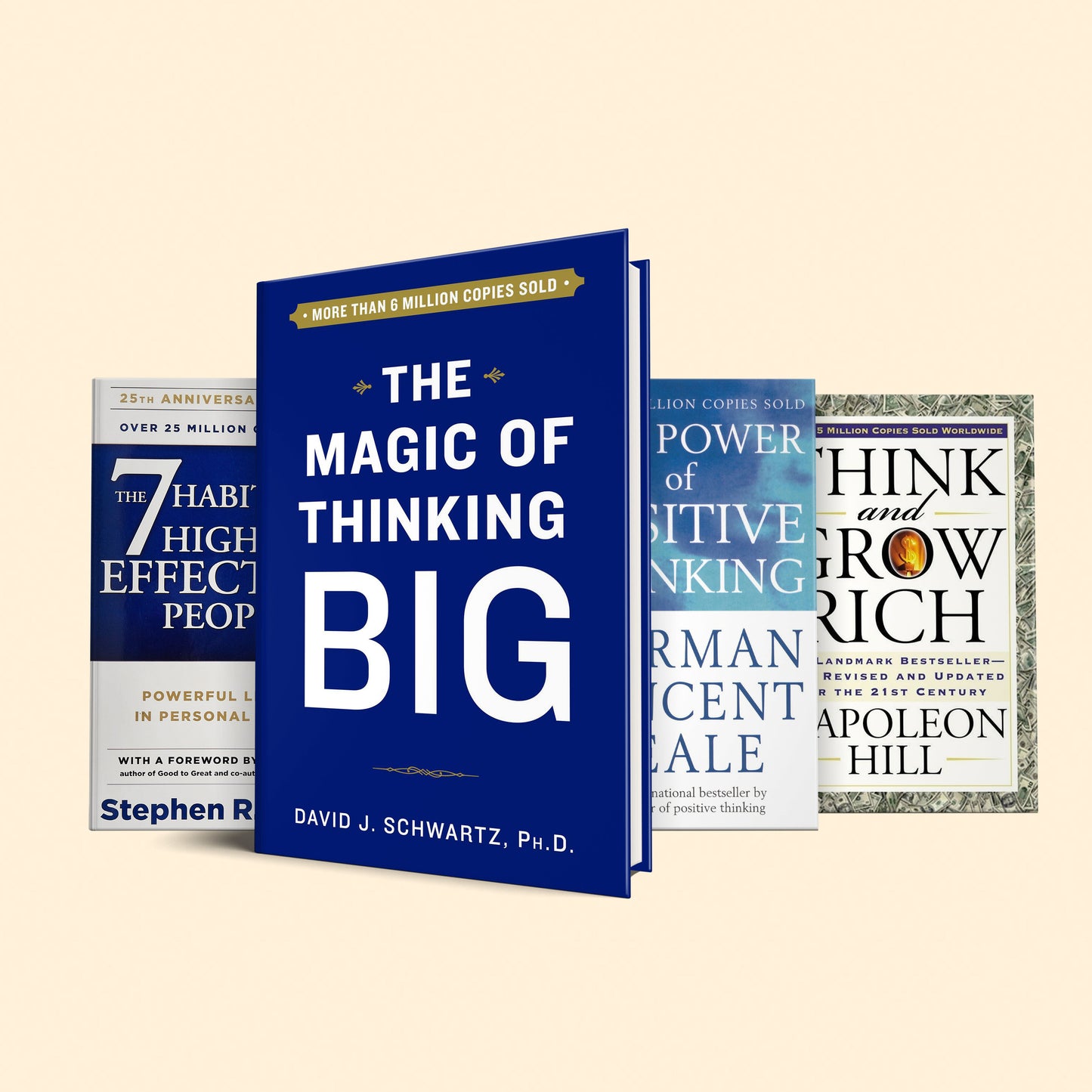 Best books on positivity & positive thinking : The magic of thinking big, the power of positive thinking, Think and grow rich, The 7 habits
