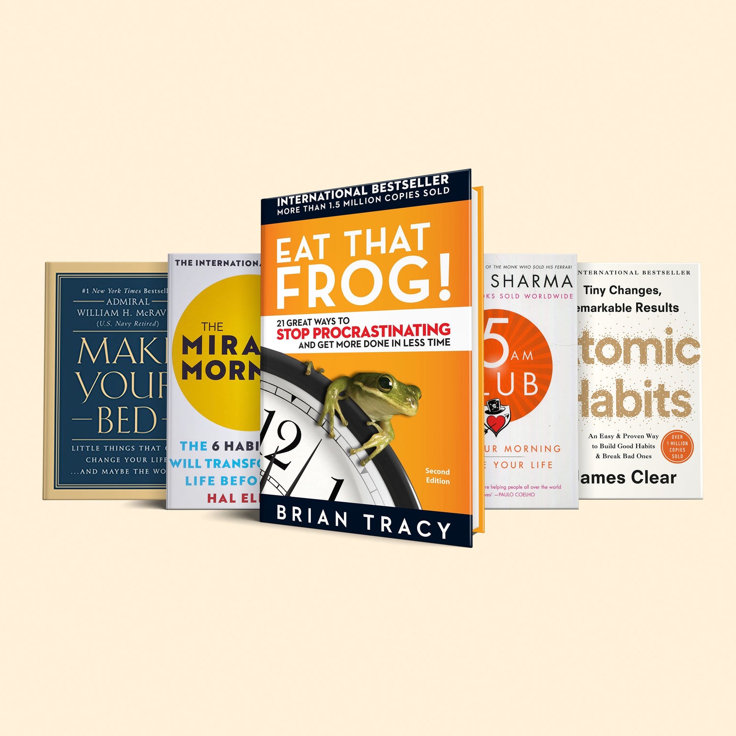 Beat your procrastination Book Set : Eat that frog, The 5 am club, miracle morning, atomic habits, Make your bed