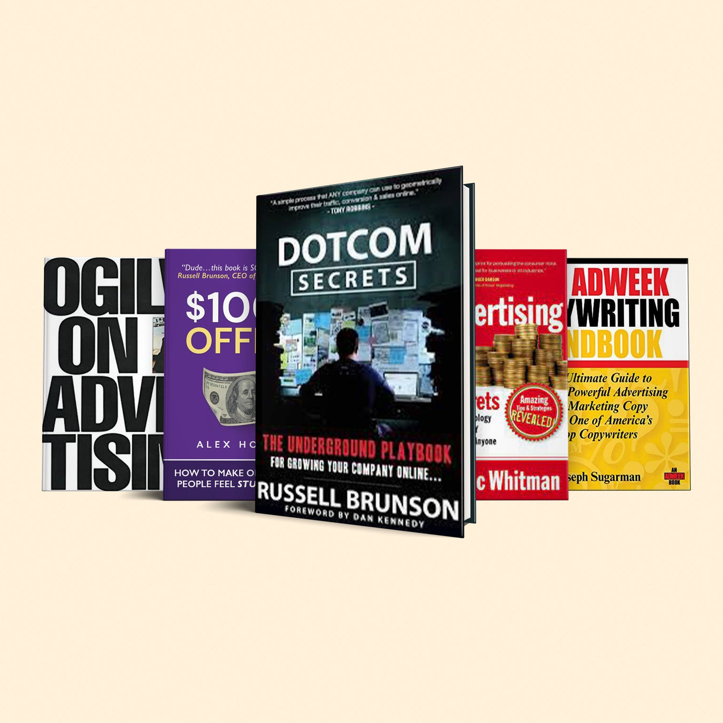 Tips, tricks, and strategies to sell anything Book Set : Cashvertising, DotCom Secrets, $100M Offers, The Adweek Copywriting Handbook, Ogilvy on Advertising