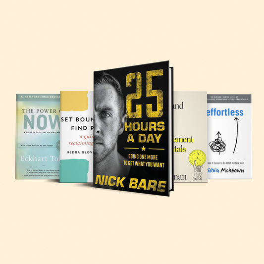 5 must read books to condense 5 days of work into 1 : 25 hours a day,  four thousand weeks Time Management for mortals, Set boundaries find peace, effortless, The power of now